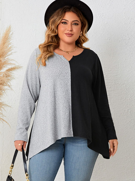 Plus Size Contrast Notched Neck T-Shirt - In Style Chics Boutique LLC