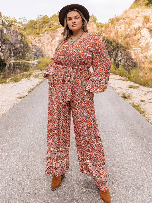 Plus Size Printed V-Neck Tie Front Balloon Sleeve Jumpsuit - In Style Chics Boutique LLC