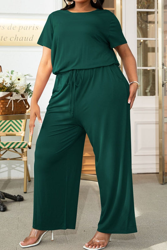 Plus Size Drawstring Waist Short Sleeve Jumpsuit - In Style Chics Boutique LLC