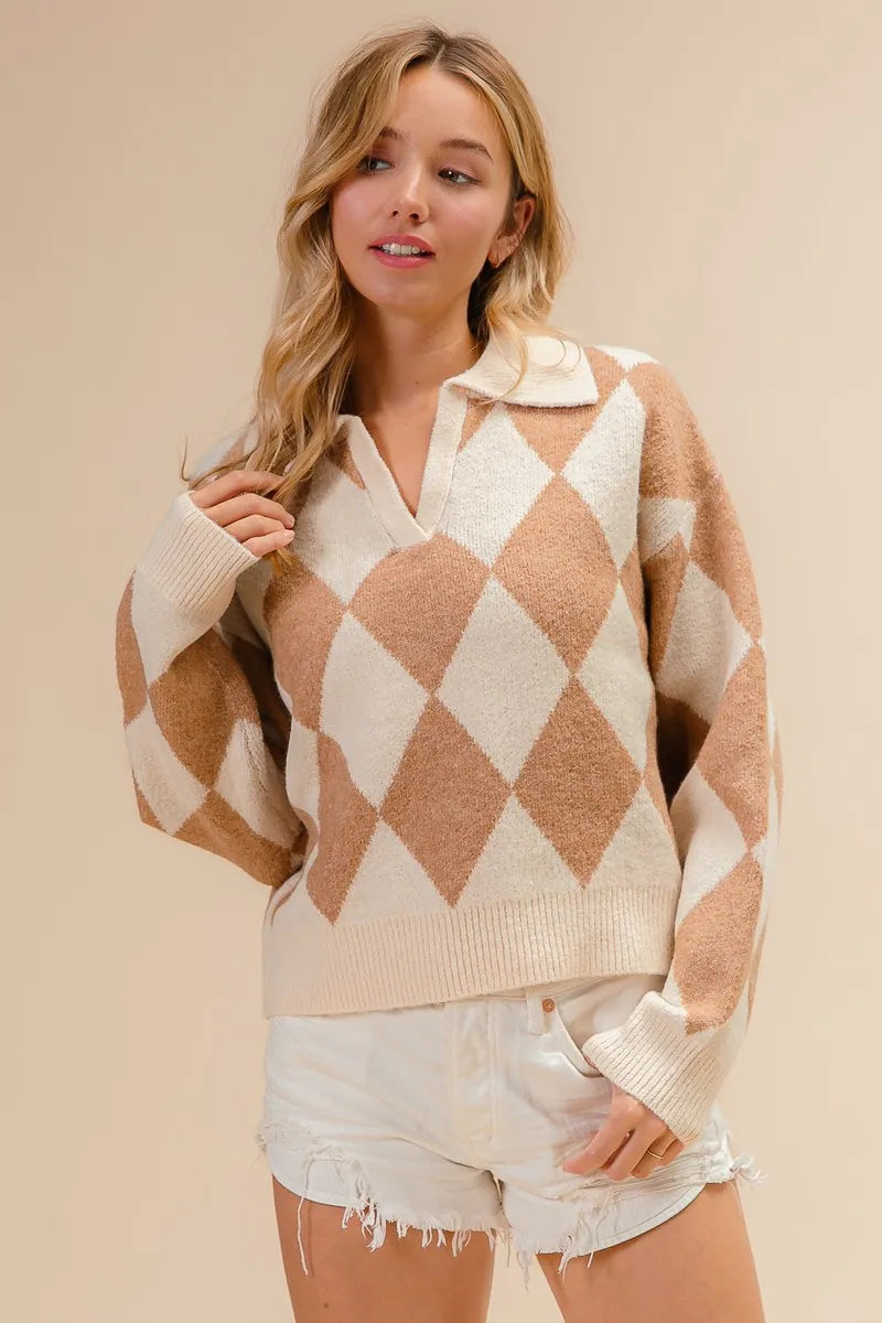 Diamond Pattern Collared Notch Neck Sweater at In Style Chics Boutique 