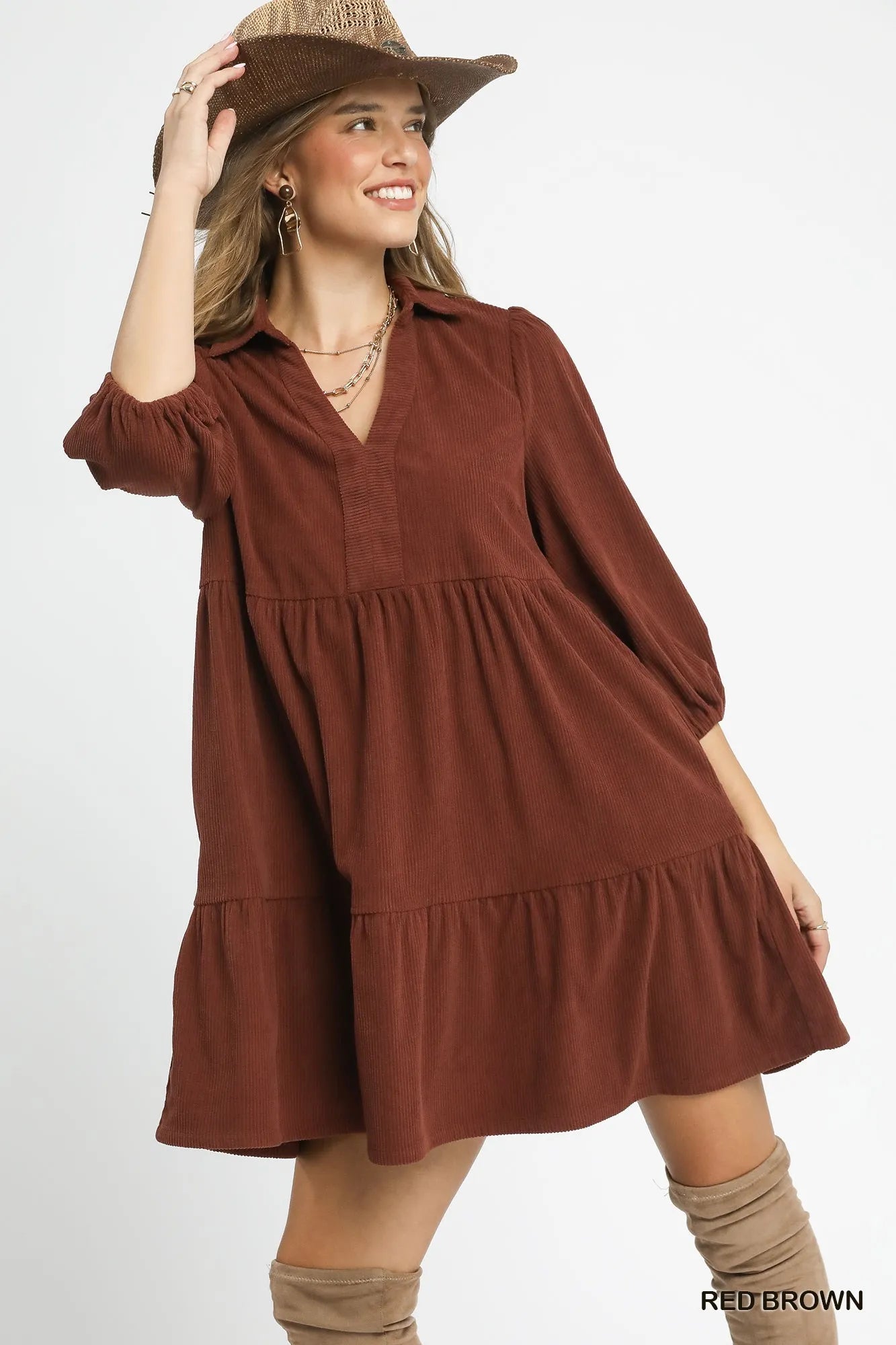 Tiered Corduroy Mini Dress with Balloon Sleeves at In Style Chics Boutique 