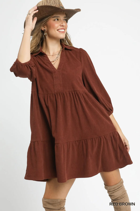 Tiered Corduroy Mini Dress with Balloon Sleeves at In Style Chics Boutique 
