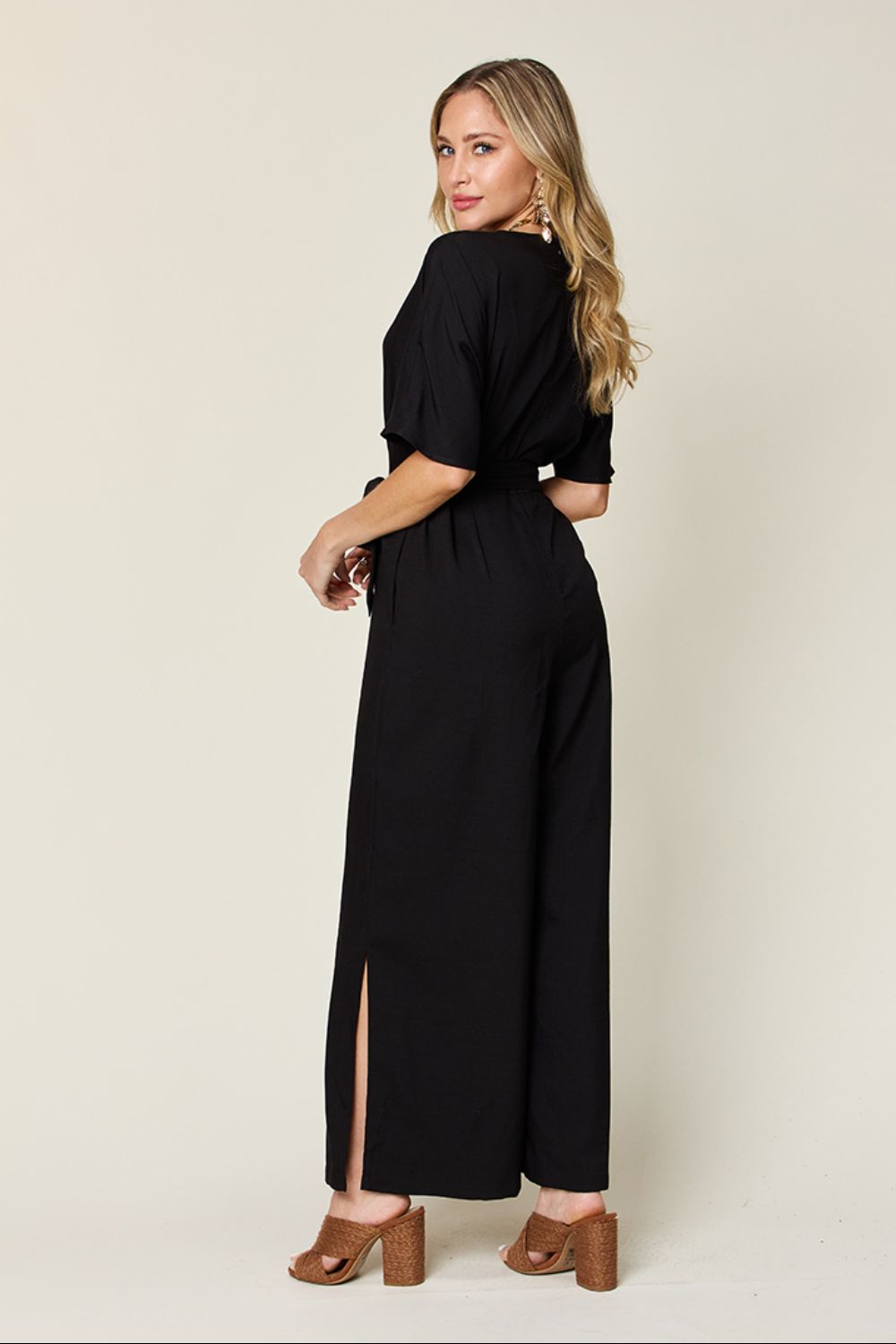 Double Take Full Size V-Neck Tie Front Short Sleeve Slit Jumpsuit - In Style Chics Boutique LLC