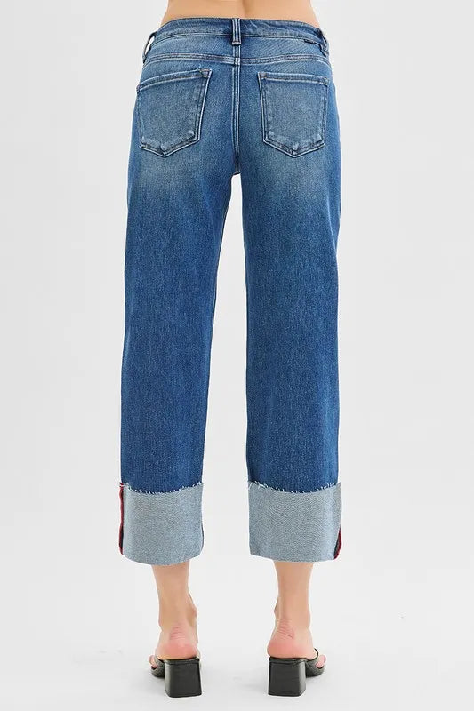 RISEN Cropped Jeans,Wide Leg Cuffed Tummy Control Mid Rise  - In Style Chics Boutique Women's Juniors Plus Size Clothes 