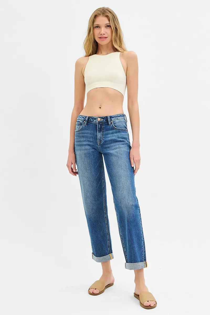 RISEN Mid Rise Boyfriend Roll Up Jeans - In Style Chics Boutique 