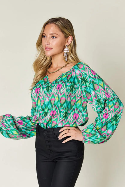 Printed Balloon Sleeve Blouse at In Style Chics Boutique 