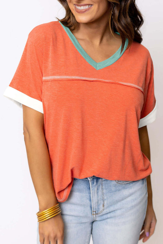 Grapefruit Orange Contrast Trim Exposed Seam V Neck T Shirt - In Style Chics Boutique Cute Clothes Online Women's Juniors 