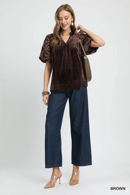 Velvet Embroidered Sleeve Blouse at In Style Chics Boutique 