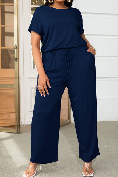 Plus Size Drawstring Waist Short Sleeve Jumpsuit - In Style Chics Boutique LLC