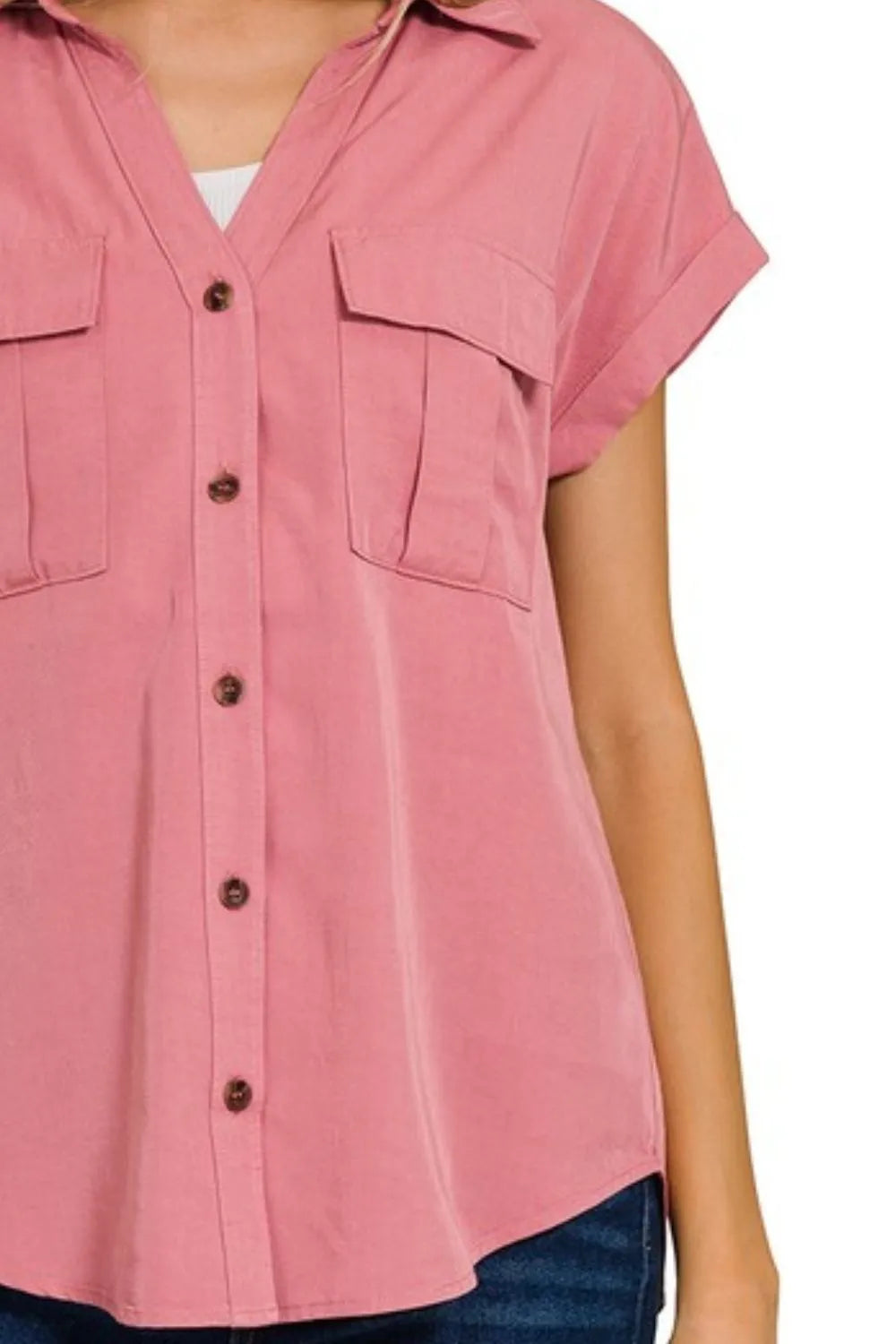 Collared Tencel Shirt, V-neck  W Front Flap Pockets - In Style Chics Boutique 