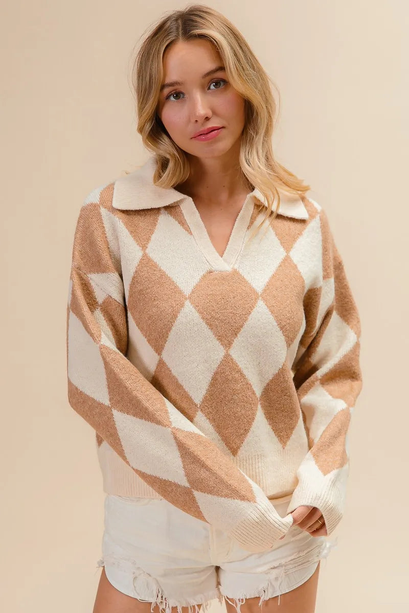 Diamond Pattern Collared Notch Neck Sweater at In Style Chics Boutique 