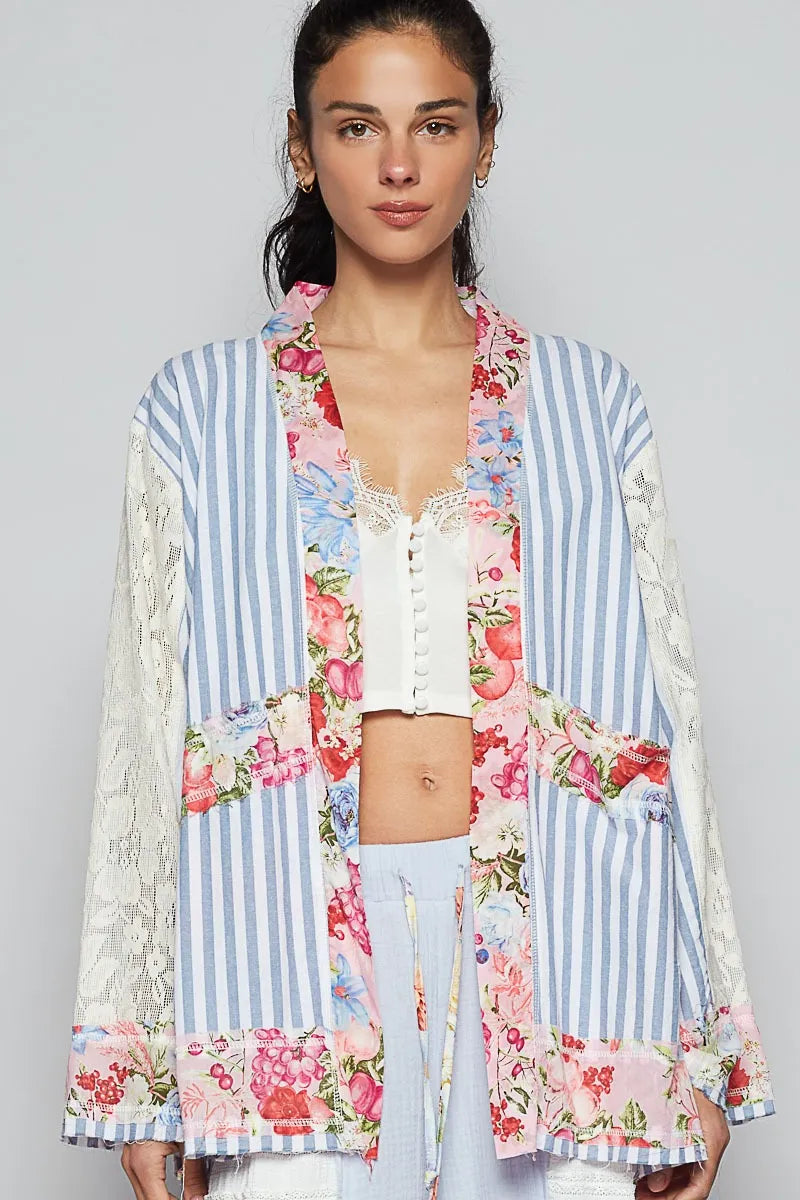Lace Long Sleeve Striped Cardigan with Floral Patchwork - In Style Chics Boutique 