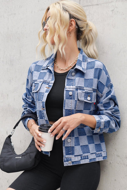 Checkered Button Up Long Sleeve Denim Jacket - In Style Chics Boutique LLC