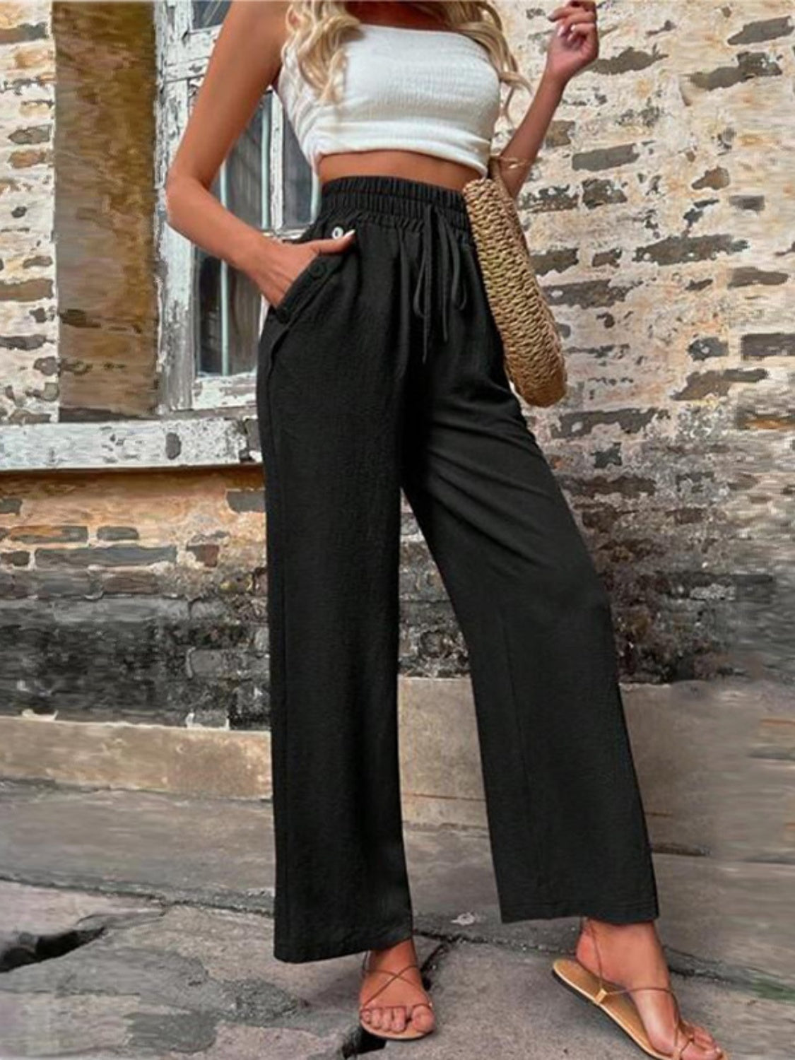 Tied High Waist Wide Leg Pants with Pockets - In Style Chics Boutique LLC