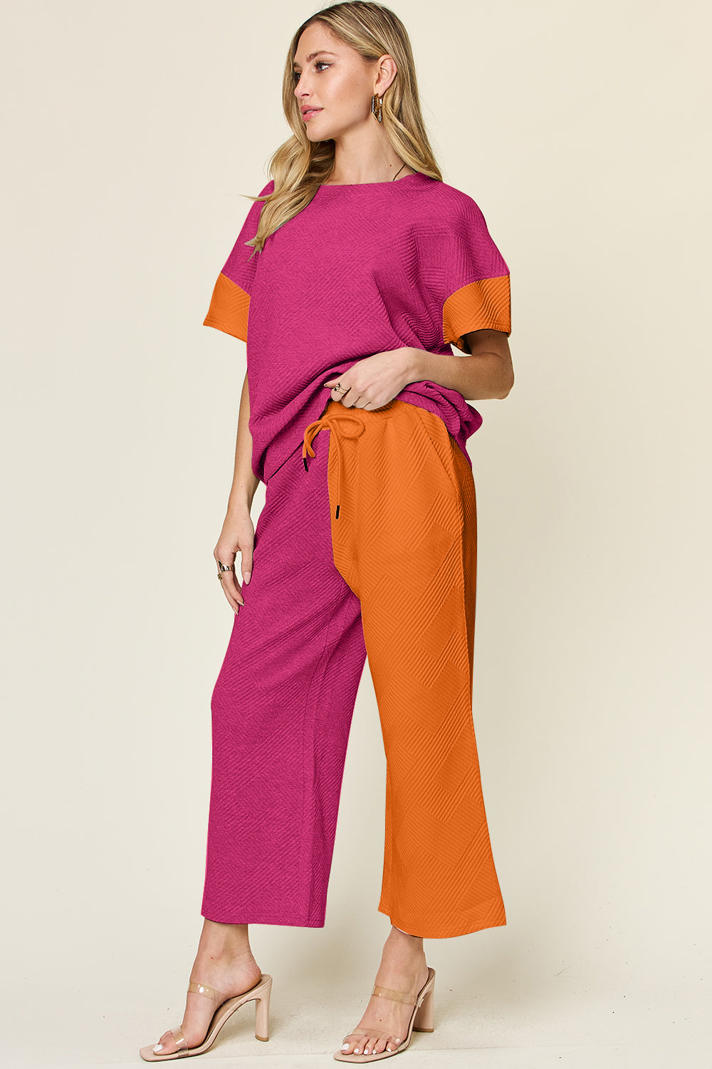 Double Take Full Size Texture Contrast T-Shirt and Wide Leg Pants Set - More Colors! - In Style Chics Boutique LLC