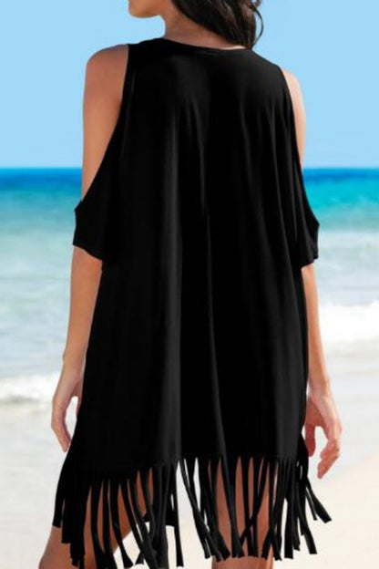 Fringe V-Neck Cold Shoulder Cover Up - Also in Black! - In Style Chics Boutique LLC