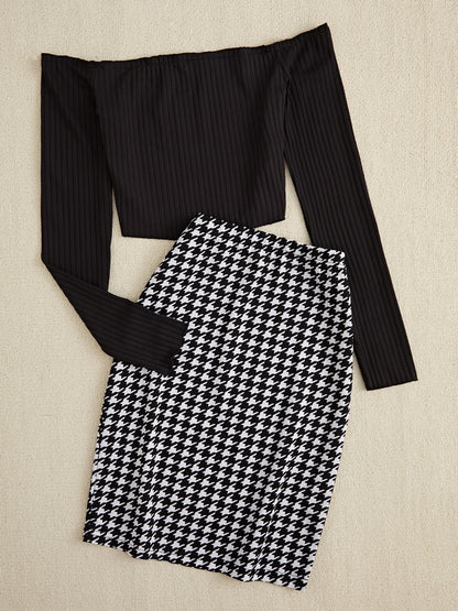 Off-Shoulder Long Sleeve Top and Houndstooth Skirt Set - In Style Chics Boutique LLC