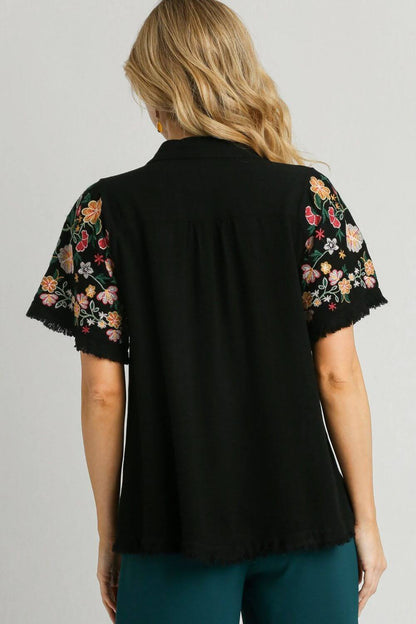 Linen Shirt with Embroidered Sleeves - Cute Clothing - In Style Chics Boutique Online Women's Juniors Plus Size Apparel