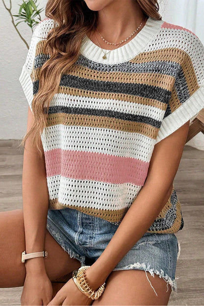 Cute Clothes Online - Stripe Color Block Eyelet Knit Short Sleeve Sweater Tee - In Style Chics Boutique Women's Juniors 