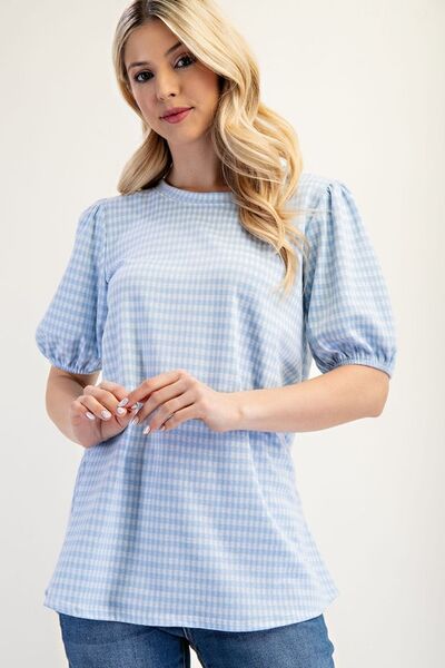 Gingham Print Top With Puff Sleeves Made in USA- In Style Chics Boutique Online Clothing 