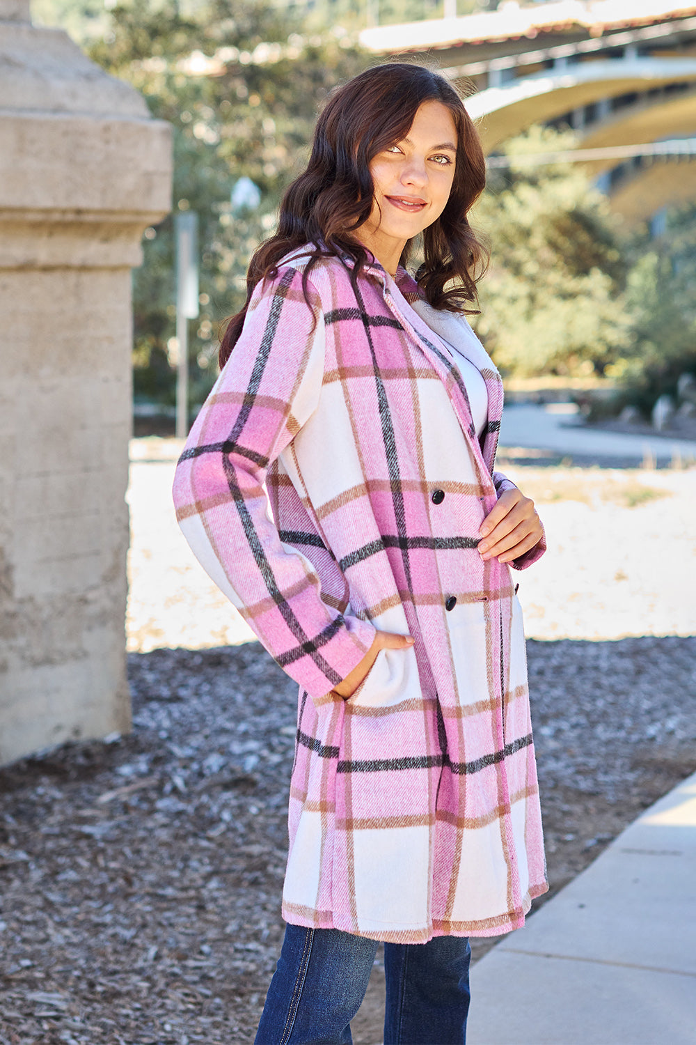 Double Take Full Size Plaid Button Up Lapel Collar Coat - In Style Chics Boutique LLC