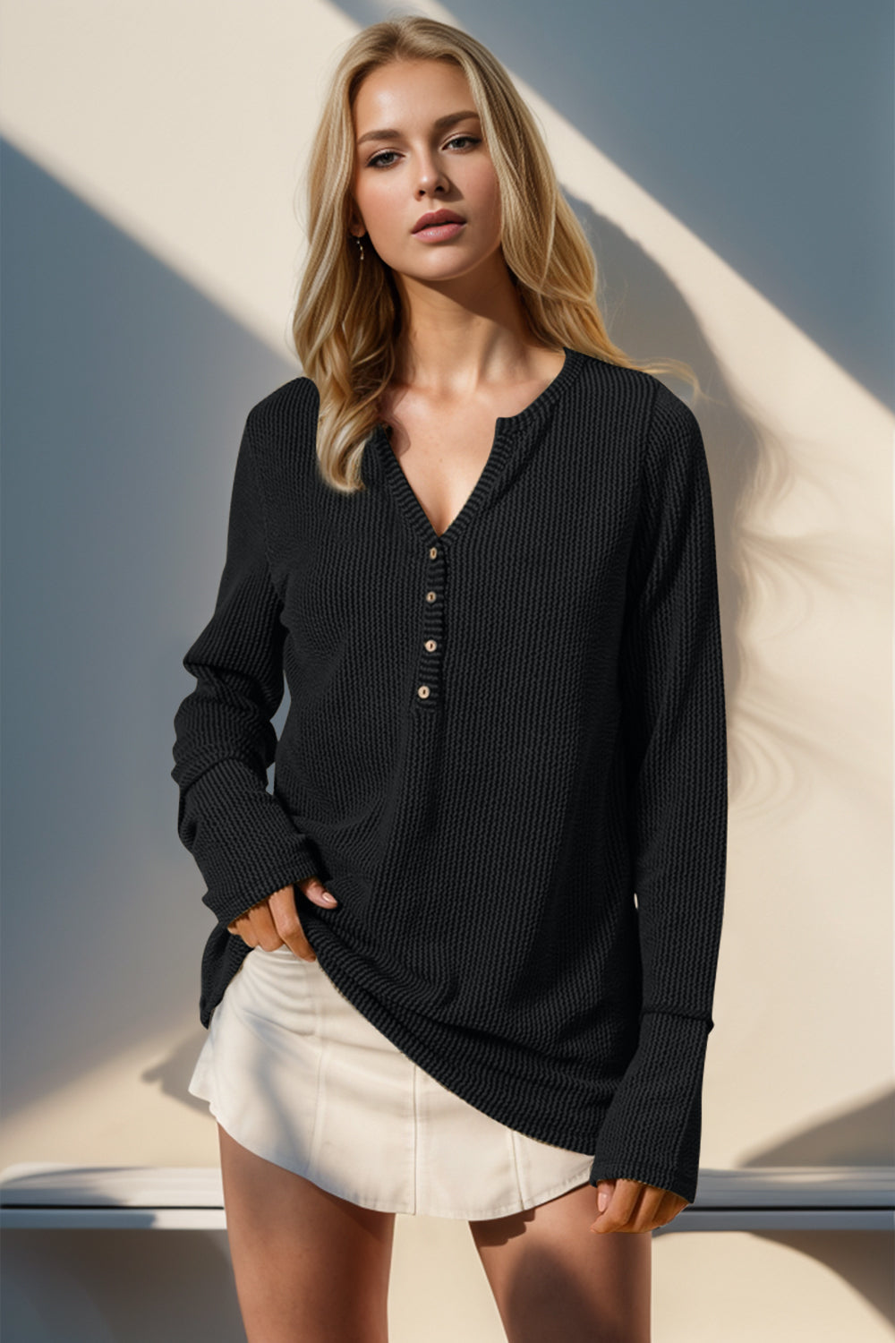 Double Take Full Size Notched Thumbhole Long Sleeve Shirt - In Style Chics Boutique LLC