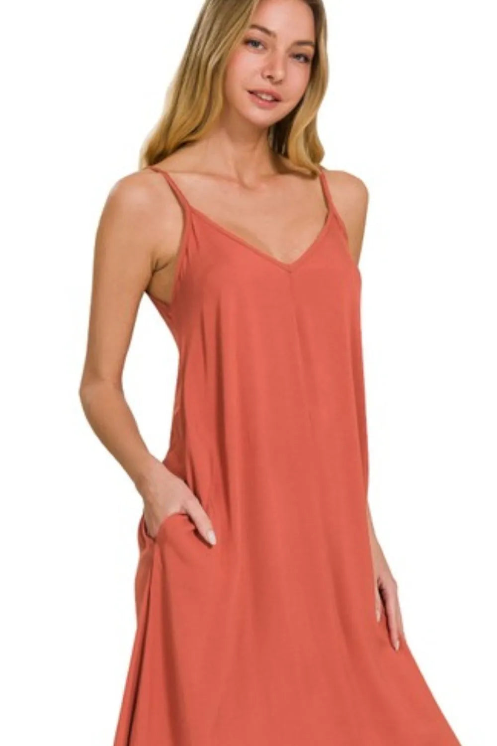 Cami Midi Dress With Flowy Pockets, Woven Arc Hem  - In Style Chics Boutique