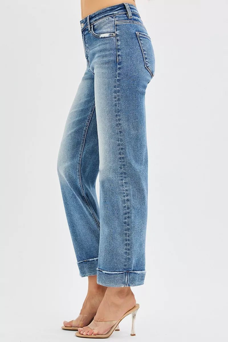 RISEN Mid Rise Crop Straight Jeans with Taylor Cuffed at In Style Chics Boutique 