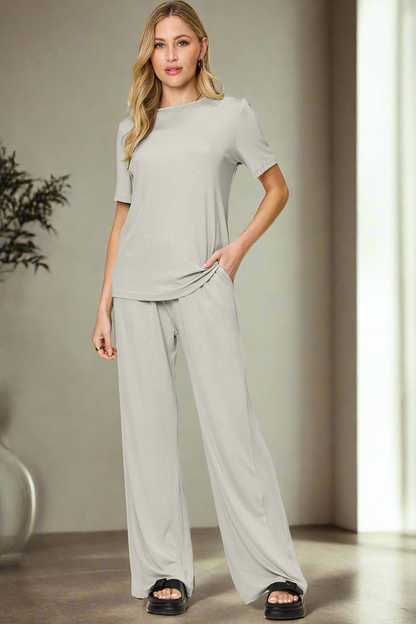 Double Take Round Neck Short Sleeve T-Shirt & Wide Leg Pants Set - In Style Chics Boutique LLC