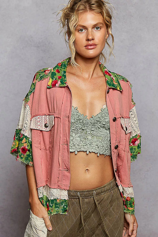 Lace Patch Floral Half Sleeve Shacket at In Style Chics Boutique 