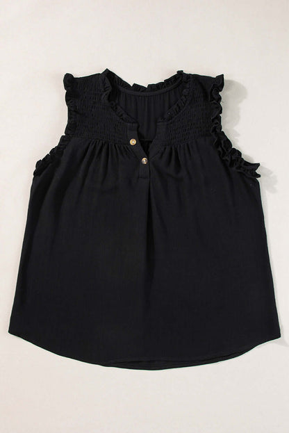 Button Split Neck Frill Trim Sleeveless Shirt - Cute Clothes Online - In Style Chics Boutique Women's Juniors Apparel 
