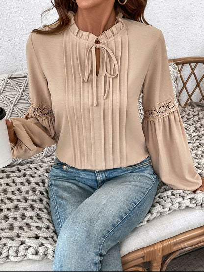 Perfee Frill Tie Neck Long Sleeve Blouse - In Style Chics Boutique LLC