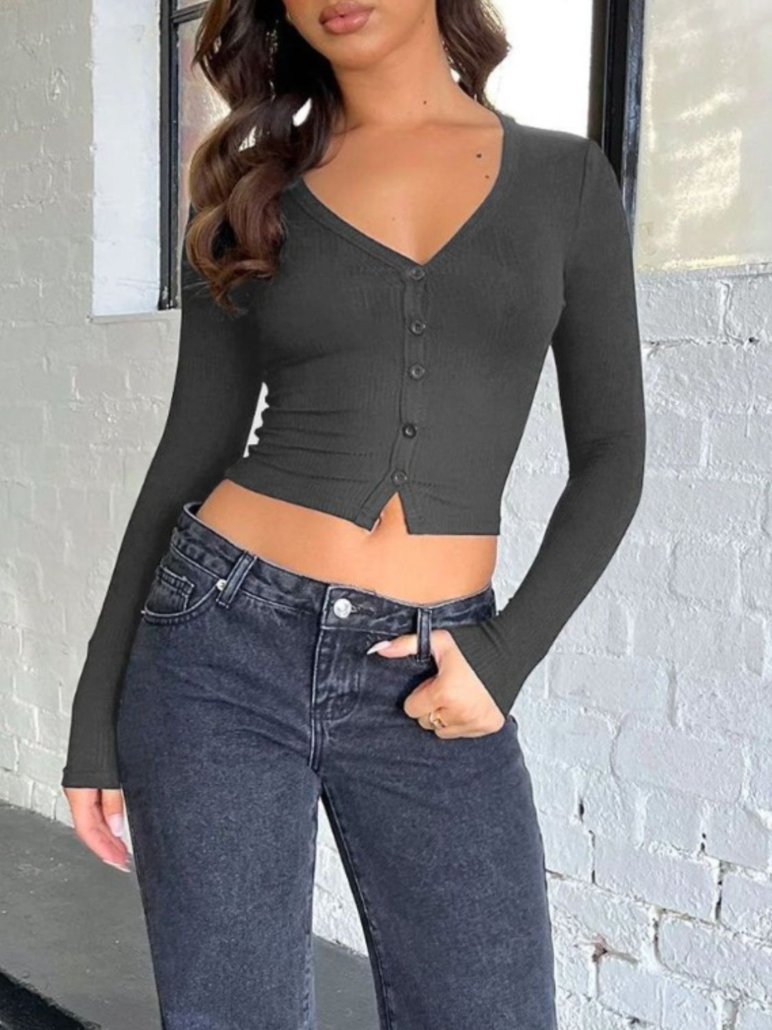 Buttoned V-Neck Long Sleeve T-Shirt - In Style Chics Boutique LLC