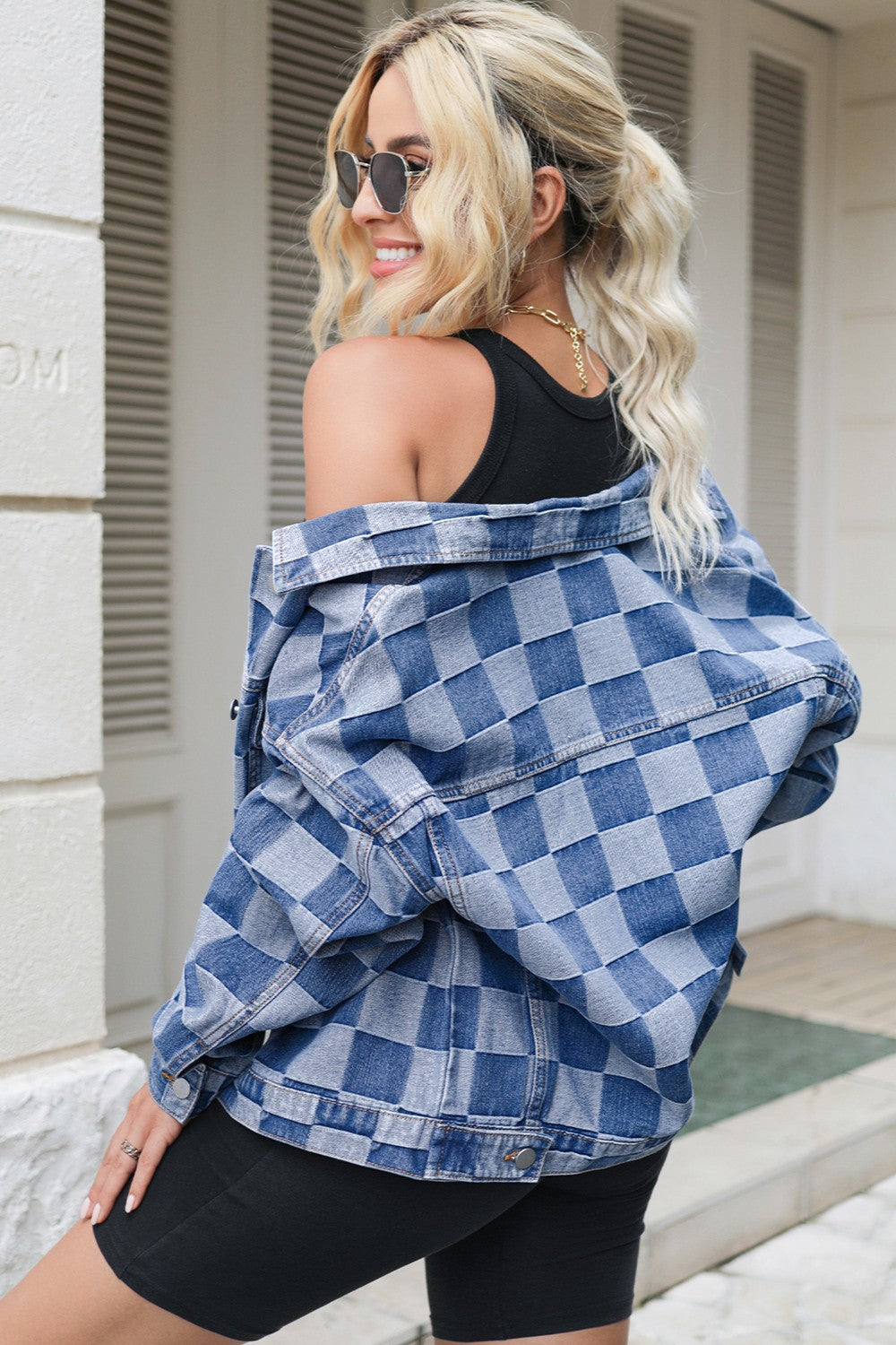 Checkered Button Up Long Sleeve Denim Jacket - In Style Chics Boutique LLC