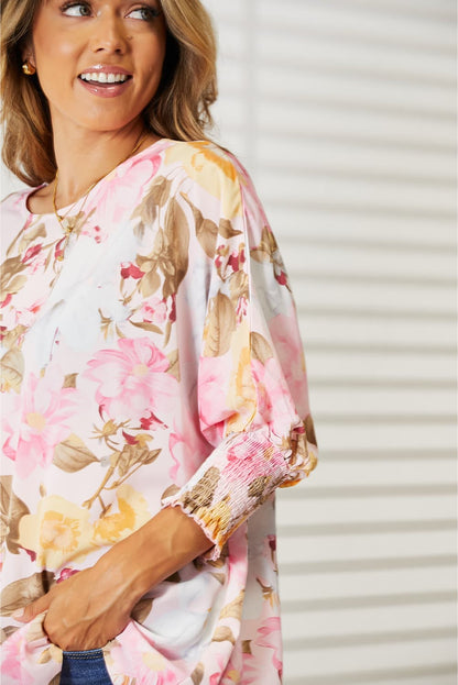 Double Take Floral Round Neck Three-Quarter Sleeve Top - In Style Chics Boutique LLC