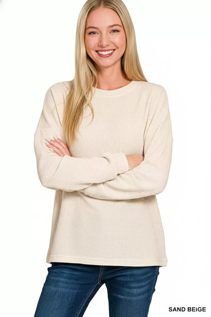 Shop Zenana Double Knit Round Neck Long Sleeve Top in Sand Beige at In Style Chics Boutique 