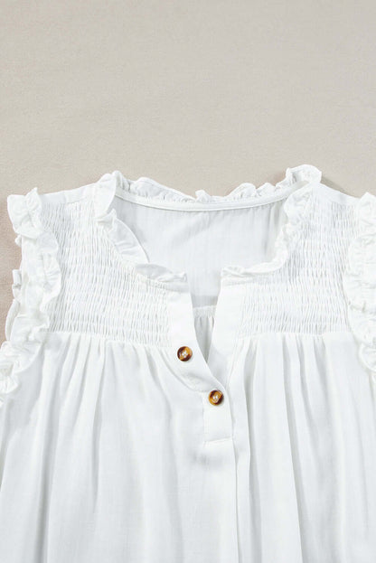 Button Split Neck Frill Trim Sleeveless Shirt - Cute Clothes Online - In Style Chics Boutique Women's Juniors Apparel 