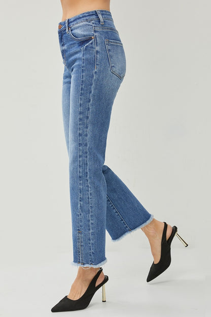 RISEN High Waist Raw Hem Slit Straight Jeans - In Style Chics Boutique LLC