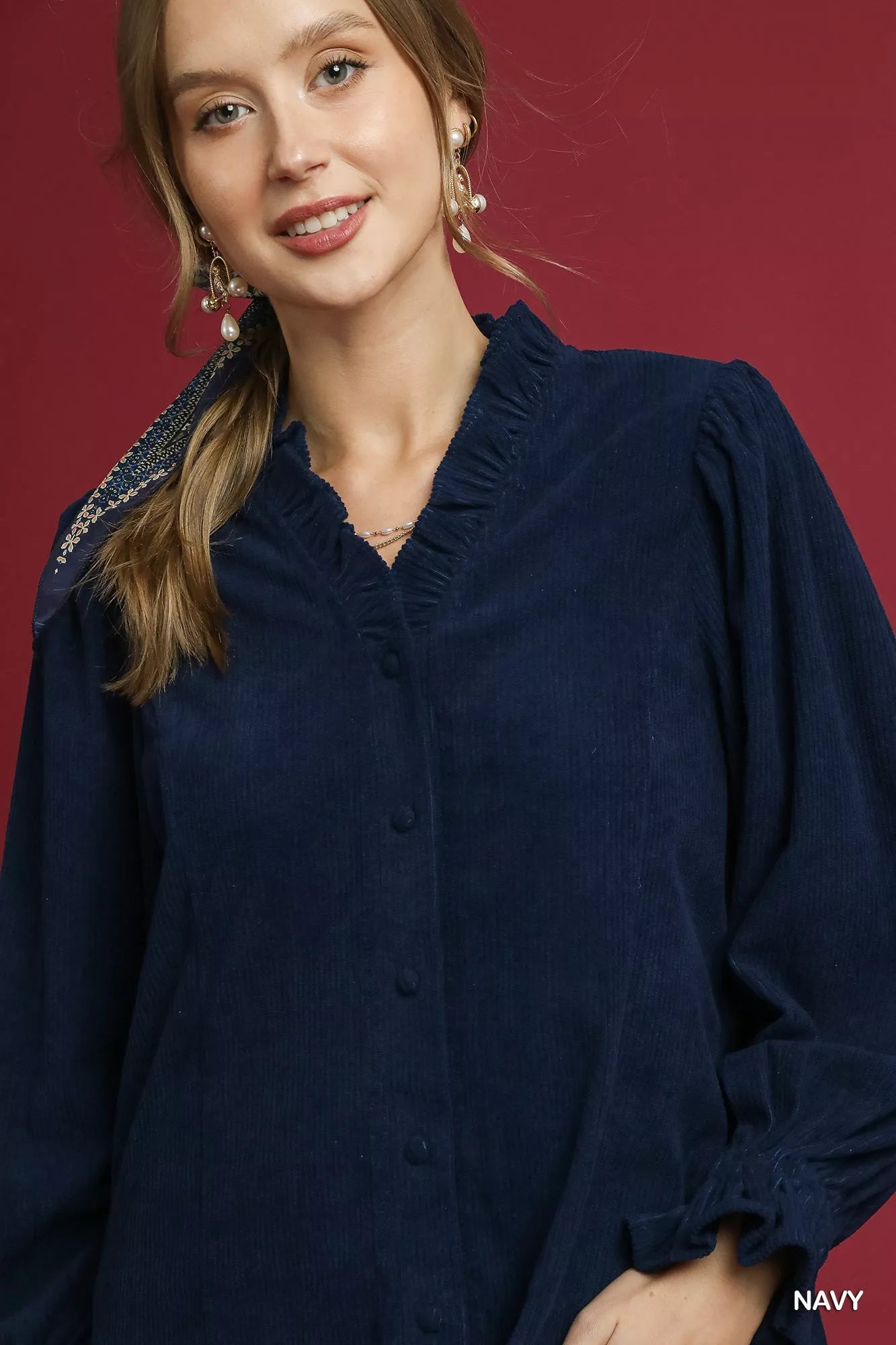 Navy Corduroy Ruffle Shirt with Long Puff Sleeves at In Style Chics Boutique 