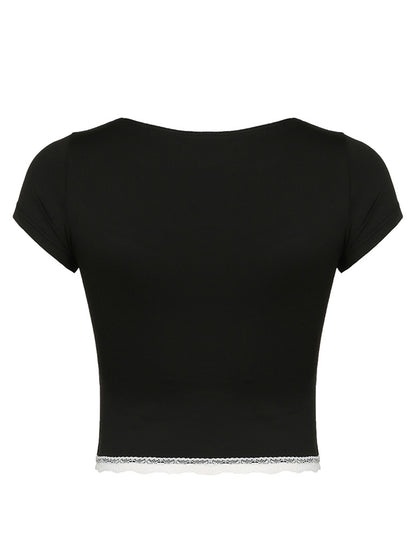 Lace Detail Sweetheart Neck Short Sleeve T-Shirt