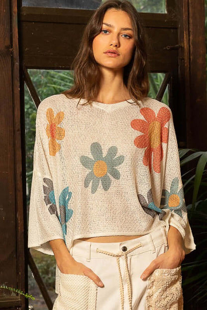 POL Flower Dropped Shoulder Long Sleeve Knit Top - In Style Chics Boutique LLC