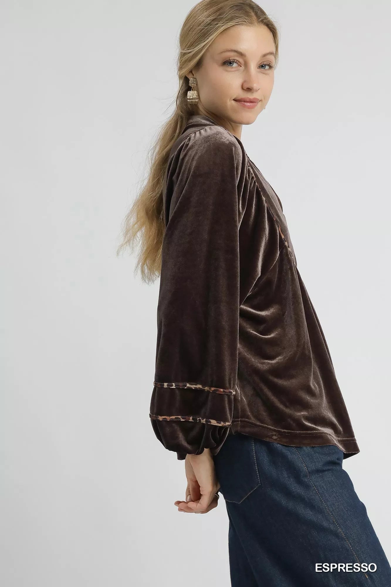 Velvet Long Sleeve Blouse with Contrast Trim at In Style Chics Boutique 