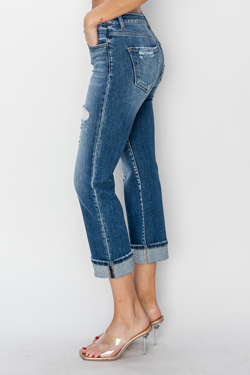 RISEN Full Size Cuffed Ankle Distressed Straight Jeans - In Style Chics Boutique LLC