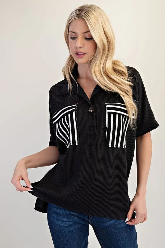 Rib Knit Collared Top with Striped Pockets - In Style Chics Boutique Women's Juniors Plus Size Cute Clothes Online 
