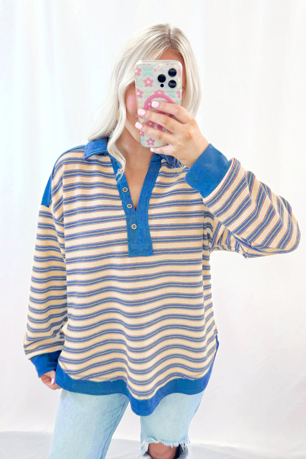 Stripe Collared V Neck Drop Shoulder Top