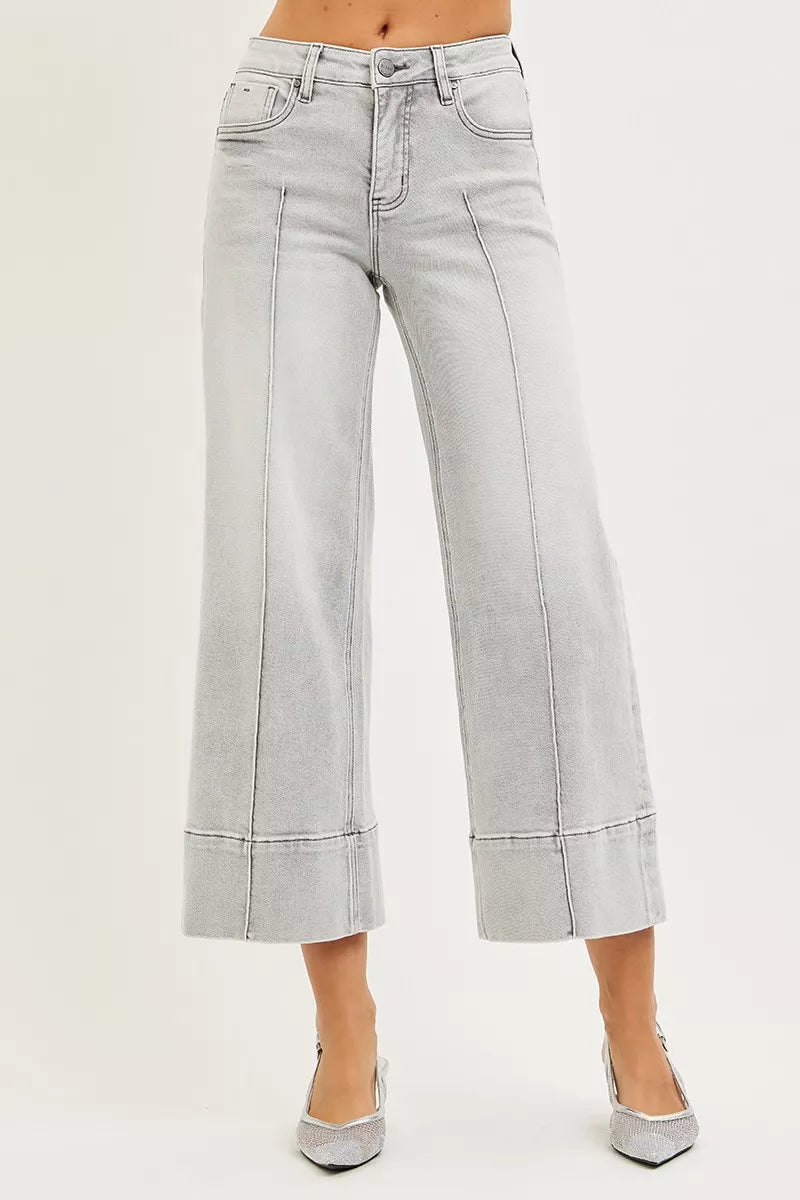 RISEN Tummy Control Mid Rise Crop Wide Pintuck Front Jeans