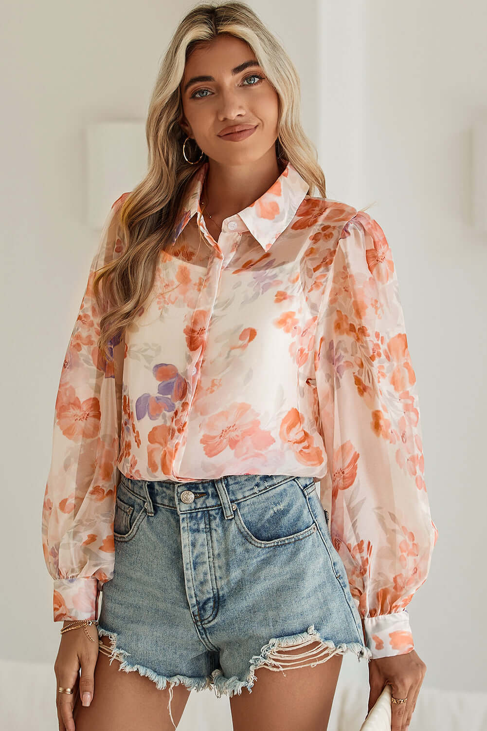 White Floral Print Buttoned Balloon Sleeve Loose Shirt - In Style Chics Boutique Cute Clothes Online Women's Juniors 