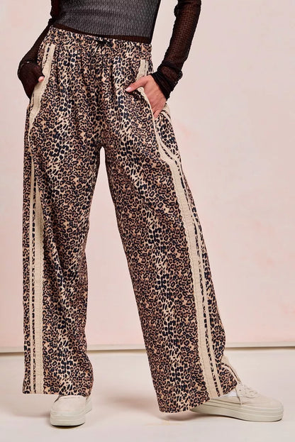 Leopard Printed Track Pants with Side Contrast Lace at In Style Chics Boutique 
