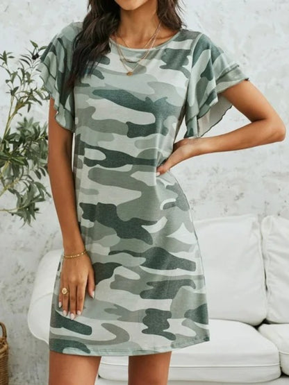 Camouflage Round Neck Short Sleeve Mini Dress - In Style Chics Boutique LLC