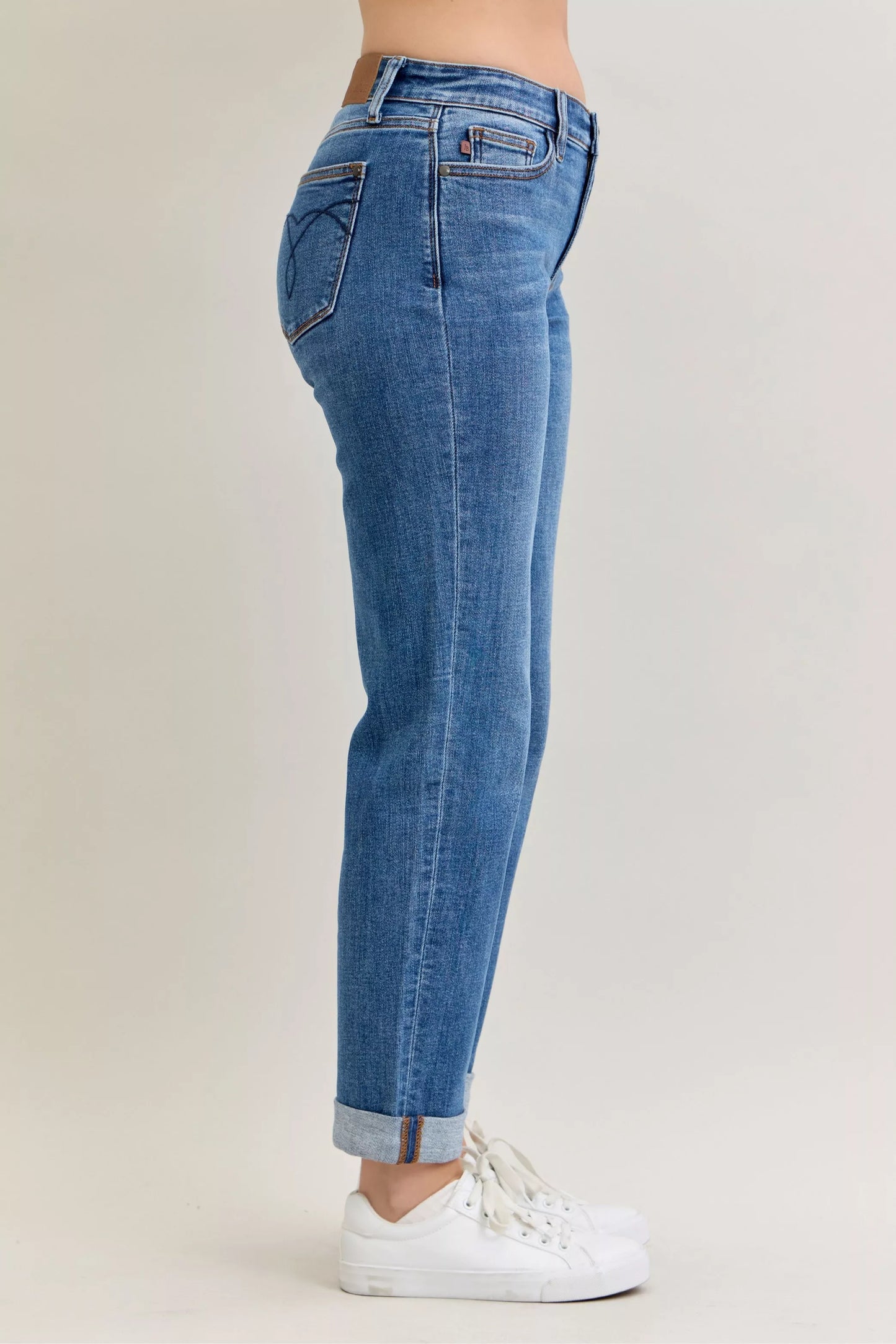 Judy Blue Mid Rise Boyfriend. Classic Cuffed Jeans at In Style Chics Boutique plus size jeans 